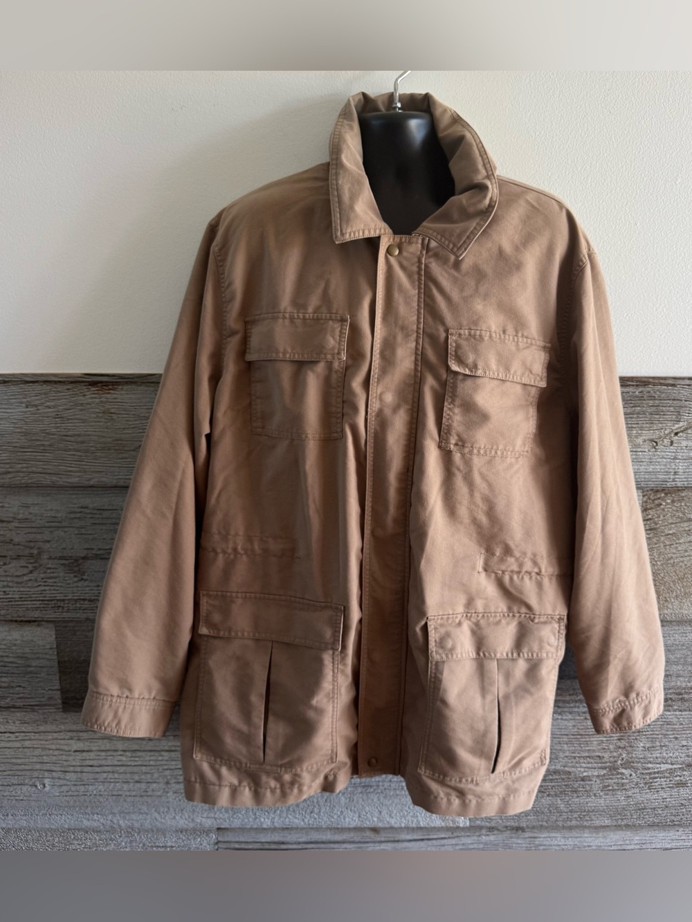 Eddie Bauer Men’s XL Hooded Field Jacket Tan Khaki Cotton Blend Utility Coat